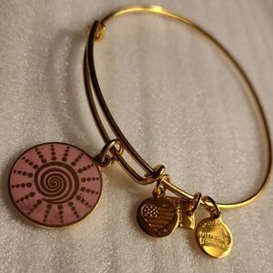 2015 Alex and Ani Gold X BCRF Pink Spiral Sun Bangle Charm Bracelet EUC